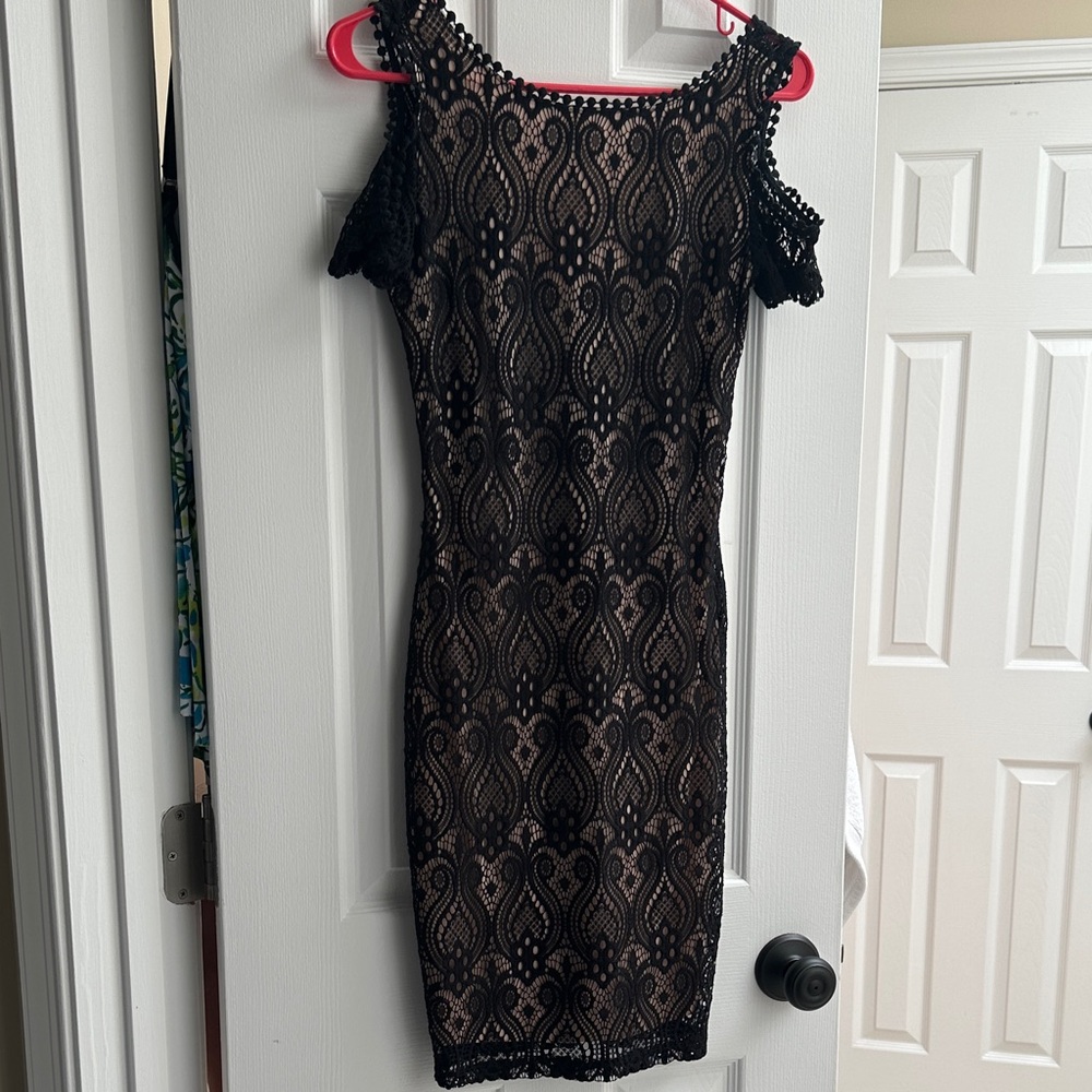 Black Lace Overlay Sheath Dress - Women's